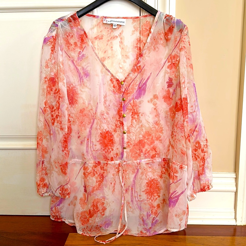 Sheer XL Giuliana Rancic top with gold button detailing. Unworn but tag removed.